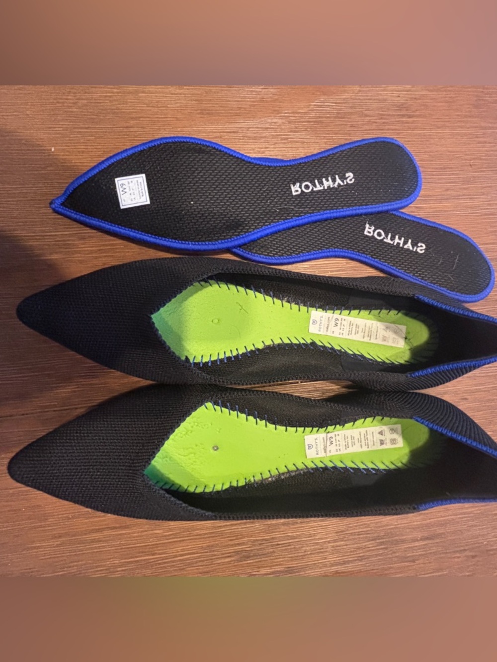 Rothy's The Point flats in classic black with blue trim sz 9